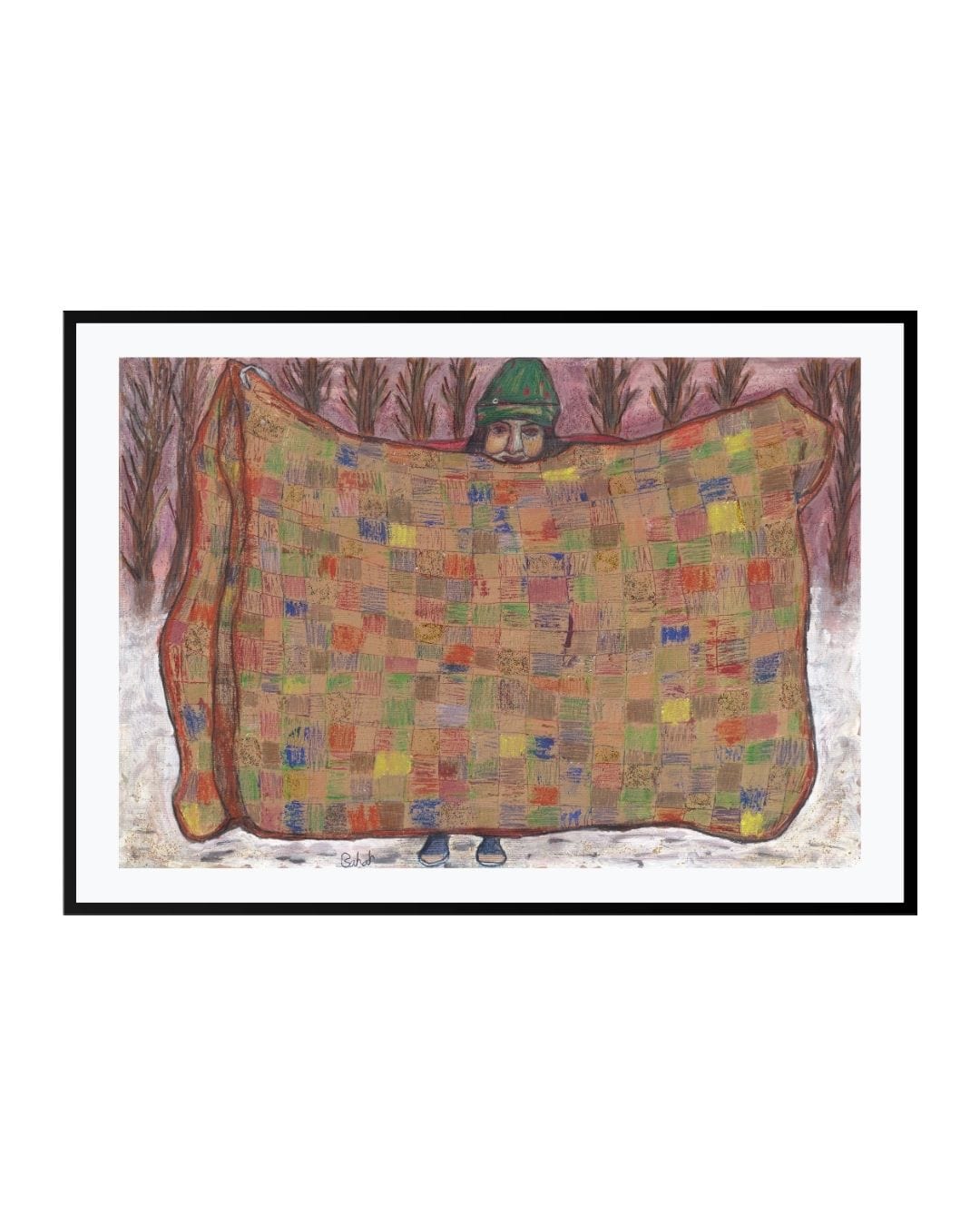 Expressionist painting titled "Cold Christmas," featuring a solitary woman with a distant gaze in winter tones